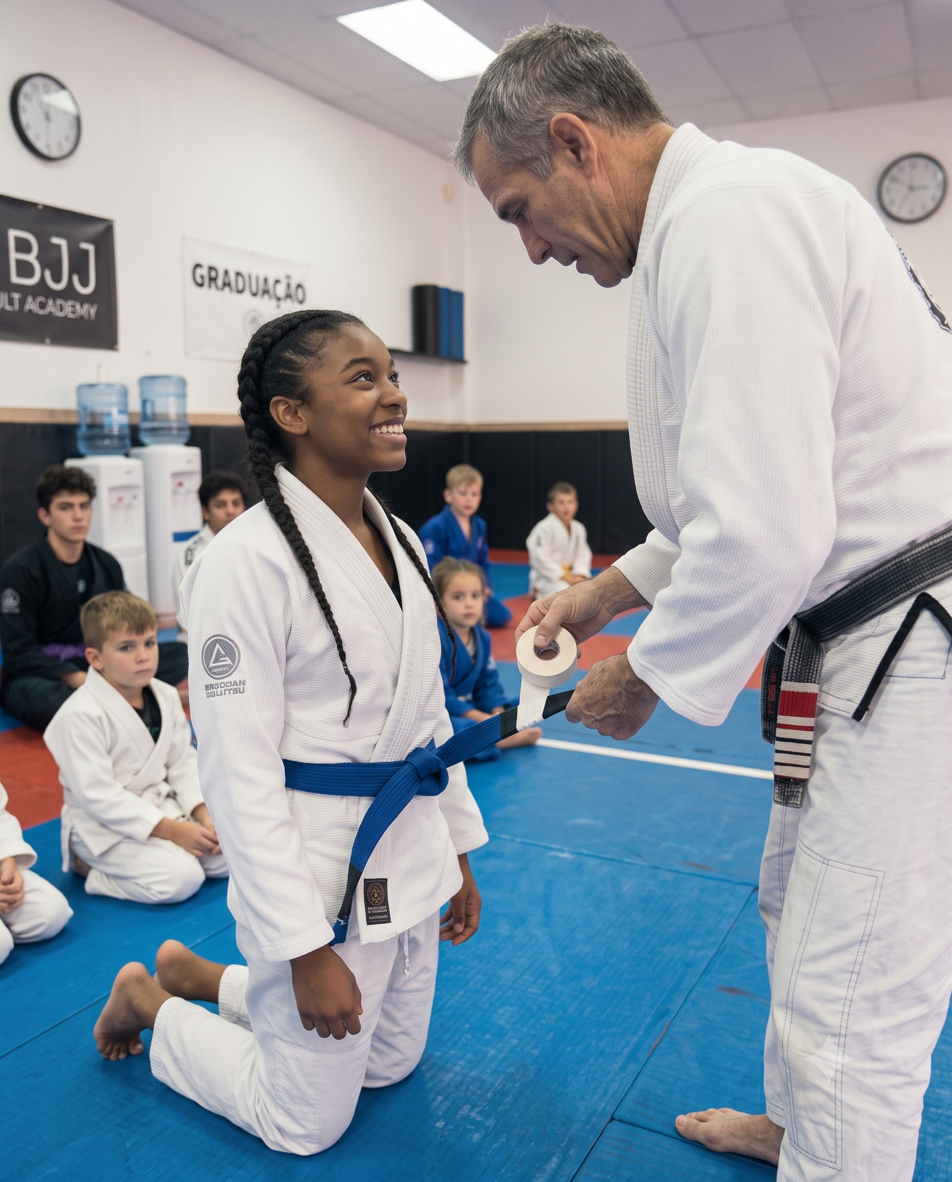 Alunos praticando jiu-jitsu no tatame do DOJO BAB
